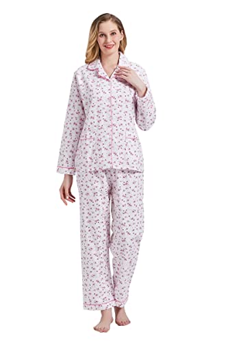 Amaxer Thermo Flanell Schlafanzug Damen 100% Baumwolle Pyjama Set Lang Winter Warmer Sleepwear, rot geblümt XL von Amaxer