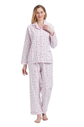 Amaxer Thermo Flanell Schlafanzug Damen 100% Baumwolle Pyjama Set Lang Winter Warmer Sleepwear, rot geblümt XXL von Amaxer
