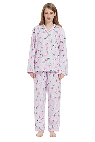 Amaxer Thermo Flanell Schlafanzug Damen 100% Baumwolle Pyjama Set Lang Winter Warmer Sleepwear, rote Blume M von Amaxer