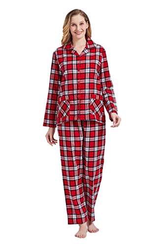 Amaxer Thermo Flanell Schlafanzug Damen 100% Baumwolle Pyjama Set Lang Winter Warmer Sleepwear, rote Streifen M von Amaxer