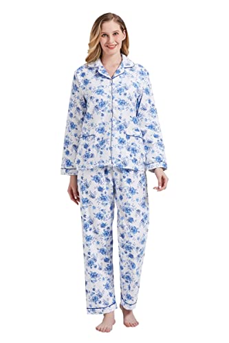 Amaxer Thermo Flanell Schlafanzug Damen 100% Baumwolle Pyjama Set Lang Winter Warmer Sleepwear,Blaue Rose L von Amaxer