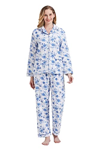 Amaxer Thermo Flanell Schlafanzug Damen 100% Baumwolle Pyjama Set Lang Winter Warmer Sleepwear,Blaue Rose M von Amaxer