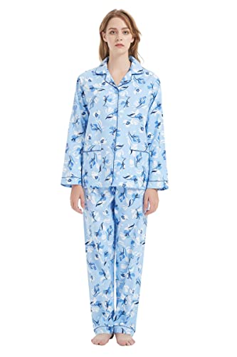 Amaxer Thermo Flanell Schlafanzug Damen 100% Baumwolle Pyjama Set Lang Winter Warmer Sleepwear,blaues Blatt L von Amaxer