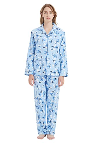 Amaxer Thermo Flanell Schlafanzug Damen 100% Baumwolle Pyjama Set Lang Winter Warmer Sleepwear,blaues Blatt S von Amaxer