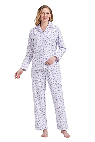 Amaxer Thermo Flanell Schlafanzug Damen 100% Baumwolle Pyjama Set Lang Winter Warmer Sleepwear,lila Blumen L von Amaxer