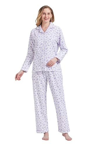 Amaxer Thermo Flanell Schlafanzug Damen 100% Baumwolle Pyjama Set Lang Winter Warmer Sleepwear,lila Blumen M von Amaxer