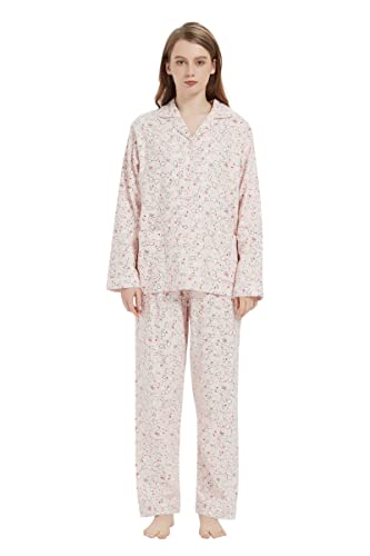 Amaxer Thermo Flanell Schlafanzug Damen 100% Baumwolle Pyjama Set Lang Winter Warmer Sleepwear,rosa Herz M von Amaxer