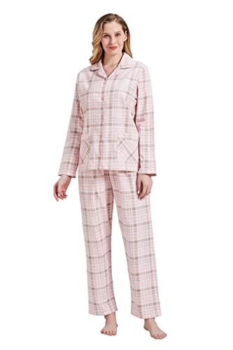 Amaxer Thermo Flanell Schlafanzug Damen 100% Baumwolle Pyjama Set Lang Winter Warmer Sleepwear,rosa Plaid S von Amaxer