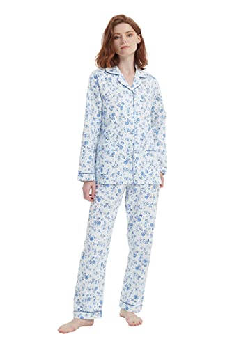 Amaxer Thermo Flanell Schlafanzug Damen 100% Baumwolle Pyjama Set Lang Winter Warmer Sleepwear | Blaues Blumenmuster, L von Amaxer