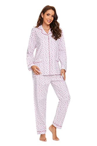 Amaxer Thermo Flanell Schlafanzug Damen 100% Baumwolle Pyjama Set Lang Winter Warmer Sleepwear | Rosa Blumen, XL von Amaxer