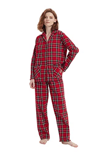 Amaxer Thermo Flanell Schlafanzug Damen 100% Baumwolle Pyjama Set Lang Winter Warmer Sleepwear | Rotes Plaid, S von Amaxer