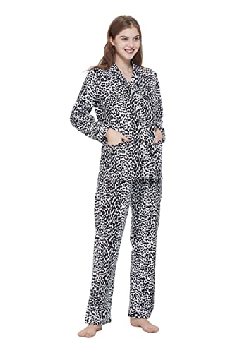 Amaxer Thermo Flanell Schlafanzug Damen 100% Baumwolle Pyjama Set Lang Winter Warmer Sleepwear | Schwarzer und rosa Leopard, L von Amaxer