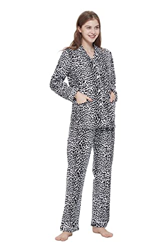 Amaxer Thermo Flanell Schlafanzug Damen 100% Baumwolle Pyjama Set Lang Winter Warmer Sleepwear | Schwarzer und rosa Leopard, M von Amaxer