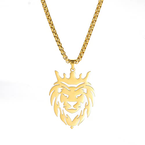 Amaxer Tierliebhaber Gekrönter König der Löwen, Löwenkopf, ausgehöhlter Charm-Anhänger, Hip-Hop-Halskette für Männer und Frauen, 23-Zoll-Kastenkette (Gold) von Amaxer