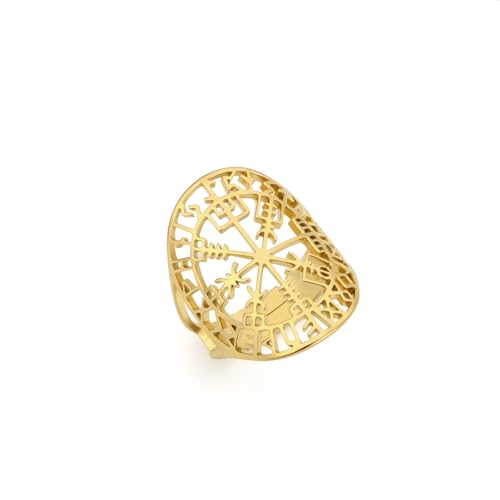 Amaxer Vegvisir Ring für Frauen Edelstahl Wikinger Runen Retro Nordic Ausgehöhlt Offen Einstellbar Fingerring Schmuck Geschenke für Frauen Mädchen, Metall, Kristall von Amaxer