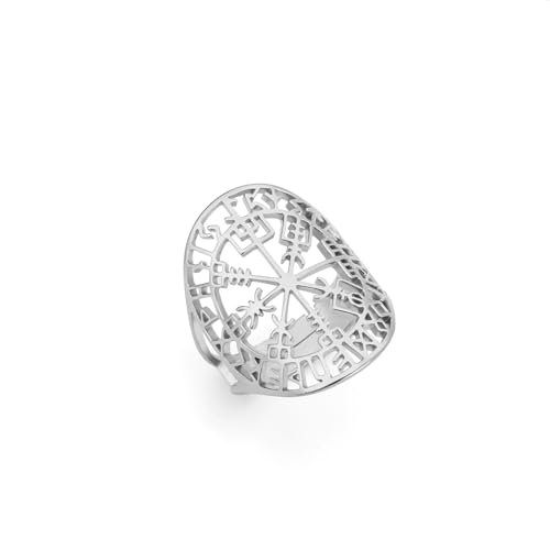 Amaxer Vegvisir Ring für Frauen Edelstahl Wikinger Runen Retro Nordic Ausgehöhlt Offen Einstellbar Fingerring Schmuck Geschenke für Frauen Mädchen, Metall, Kristall von Amaxer
