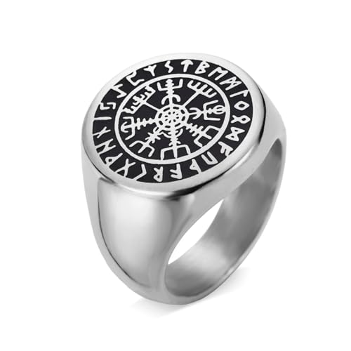 Amaxer Wikinger Kompass Vegivisir Siegelring für M?nner Vintage Runic Norse Symbol Nordic Talisman Amulett Edelstahl Punk Statement Ring (Silber, 22mm) von Amaxer
