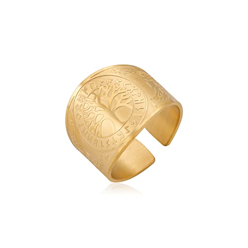 Amaxer Wikinger Rabe Kompass Vegvisir Ring für Männer Baum des Lebens Futhark Runen Scandinavn Odin Symbol nordische Mythologie Schutz Verstellbarer Ring Statement Band für Männer Frauen, Edelstahl von Amaxer