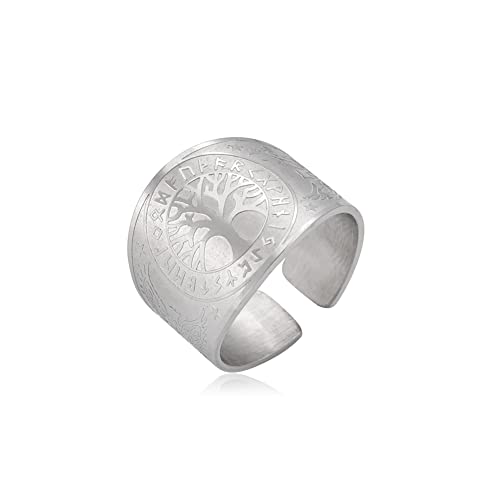 Amaxer Wikinger Rabe Kompass Vegvisir Ring für Männer Baum des Lebens Futhark Runen Scandinavn Odin Symbol nordische Mythologie Schutz Verstellbarer Ring Statement Band für Männer Frauen, Edelstahl von Amaxer