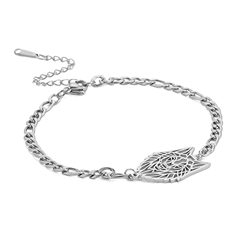 Amaxer Wolf Armband Edelstahl aushöhlen geometrische Tier Anhänger Charm Armband für Unisex flache kubanische Kette (Silber) von Amaxer