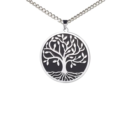 Amaxer Yggdrasil Baum des Lebens Halskette für Männer Familienbaum des Lebens Stabile Medaillon Schmuck Geschenkbox Kette Anhänger Halskette (Silber) von Amaxer