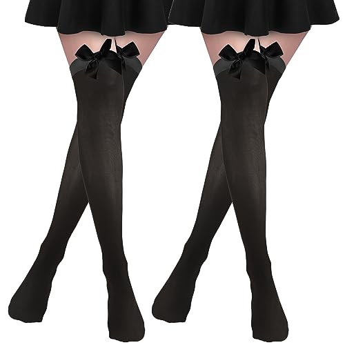 Amaxiu 2 Paar Süße Schleifenstrümpfe, Kawaii Overknee-Socken Satin-Oberschenkelstrümpfe lange Strümpfe für Mädchen und Frauen Partygeschenke (Standard, schwarz,) von Amaxiu