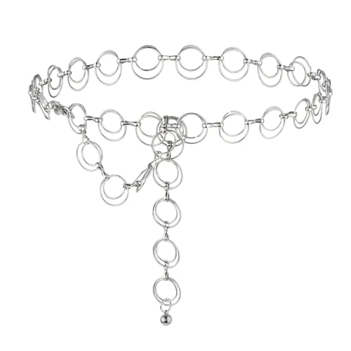 Amaxiu Damen Taillenkettengürtel, mehrschichtige Metallkettengürtel verstellbare Damen Gliedergürtel O Ring Bauchschmuck für Kleiderjeans(Silber, 115 cm) von Amaxiu