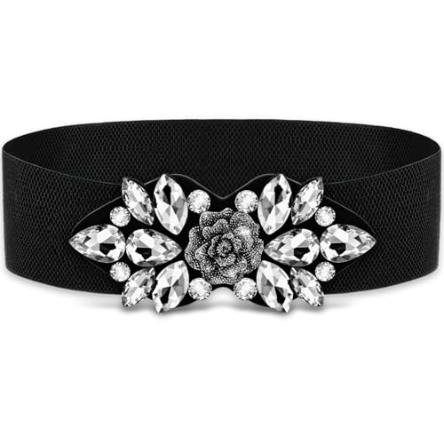 Amaxiu Elastischer Strass breiter Taillengürtel, dehnbare Kristall dicke Gürtel Vintage Blumenbund Taillenzubehör für Damenkleid(S: 9.8cm-13cm) von Amaxiu