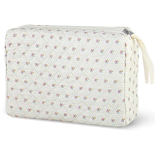 Amaxiu Große Make up Tasche, Reise Kosmetiktasche mit Reißverschluss, Kawaii Blumendrucke, kariert, ästhetisch, gesteppt, Make up Tasche, Organizer für Damen, Schule, Kulturbeutel (B) von Amaxiu