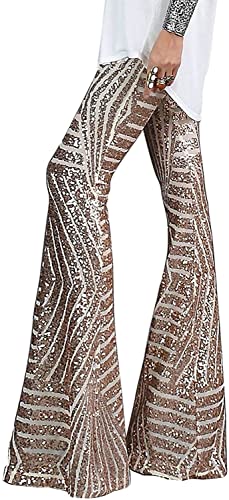 Amayay Damen Pailletten Schlaghose Mit Hoher Einfacher Stil Taille Und Weitem Bein Schlaghose Disco Hose Vintage Damen Freizeithose (Color : APRICOT, Einheitsgröße : L) von Amayay