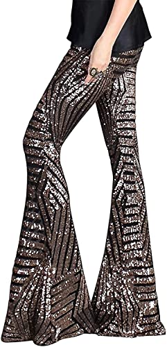 Amayay Damen Pailletten Schlaghose Mit Hoher Einfacher Stil Taille Und Weitem Bein Schlaghose Disco Hose Vintage Damen Freizeithose (Color : BROWN, Einheitsgröße : M) von Amayay