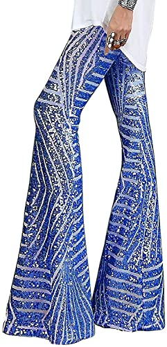 Amayay Damen Pailletten Schlaghose Mit Hoher Einfacher Stil Taille Und Weitem Bein Schlaghose Disco Hose Vintage Damen Freizeithose (Color : Blau, Einheitsgröße : L) von Amayay