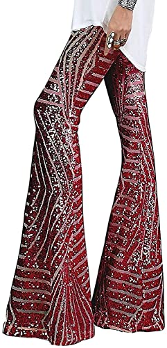 Amayay Damen Pailletten Schlaghose Mit Hoher Einfacher Stil Taille Und Weitem Bein Schlaghose Disco Hose Vintage Damen Freizeithose (Color : Rot, Einheitsgröße : XL) von Amayay