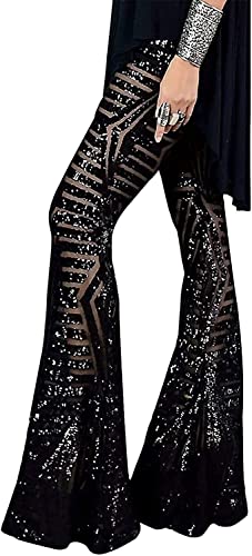 Amayay Damen Pailletten Schlaghose Mit Hoher Einfacher Stil Taille Und Weitem Bein Schlaghose Disco Hose Vintage Damen Freizeithose (Color : Schwarz, Einheitsgröße : M) von Amayay