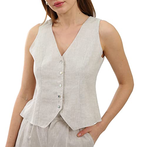 Amazhiyu Anzugweste Damen, Leinen Ärmellos Weste, DamenWesten V-Ausschnitt Kurz, Knopfleiste, Schmale Passform, Verstellbare Riemen, Leinen, L von Amazhiyu