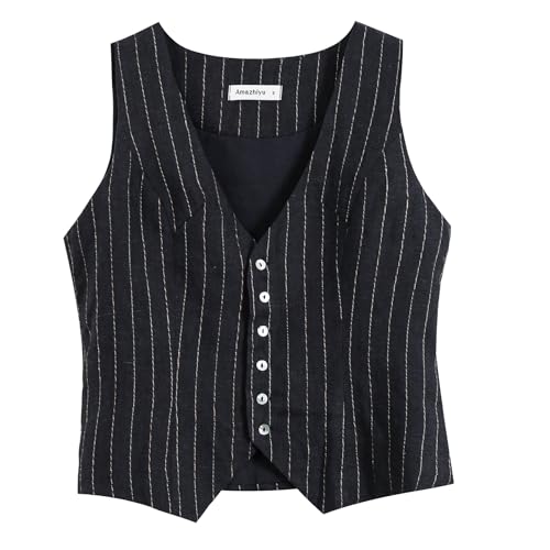 Amazhiyu Anzugweste Damen, Leinenweste Ärmellos Westen, V-Ausschnitt Gestreifte Weste Kurz Damenwesten, Knopfleiste, Schmale Passform, Verstellbare Riemen, Blau, S von Amazhiyu