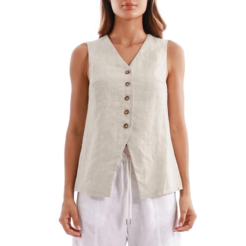 Amazhiyu Anzugweste Damen, Leinenweste Damen-Westen Kurz Ärmellos Leinen Weste Elegant V-Ausschnitt Button Down Vintage Jacke, Leinen, L von Amazhiyu