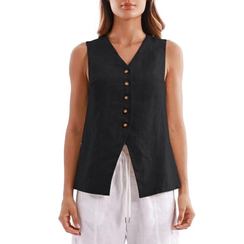 Amazhiyu Anzugweste Damen, Leinenweste Damen-Westen Kurz Ärmellos Leinen Weste Elegant V-Ausschnitt Button Down Vintage Jacke, Schwarz, S von Amazhiyu