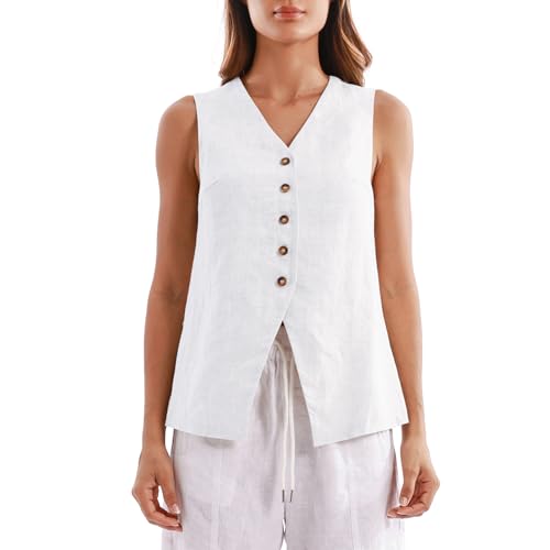 Amazhiyu Anzugweste Damen, Leinenweste Damen-Westen Kurz Ärmellos Leinen Weste Elegant V-Ausschnitt Button Down Vintage Jacke, Weiß, L von Amazhiyu