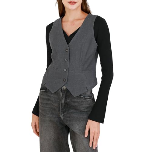 Amazhiyu Anzugweste Damen, Wolle Weste Ärmellose, V-Ausschnitt Westen Kurz Vintage Damenwesten Elegant, Knopfleiste, Schmale Passform, Grau, M von Amazhiyu