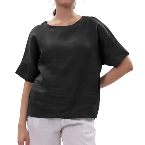 Amazhiyu Bluse aus reinem Leinen, Sommer-Kurzarm-Leinen-Oberteile, lässiger Rundhalsausschnitt, lockere Passform, 100 % Leinen, Schwarz , S von Amazhiyu