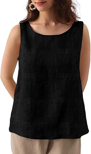 Amazhiyu Damen 100% Leinen Ärmellos Tank Tops Sommer Casual Rundhalsausschnitt Bluse, Schwarz, Large von Amazhiyu