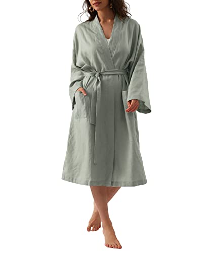 Amazhiyu Damen-Bademantel aus reinem Leinen, mittellang, leicht, langärmelig, Hellgrün, Small Amazhiyu Damen-Bademantel aus reinem Leinen, mittellang, leicht, langärmelig, Hellgrün, Small von Amazhiyu