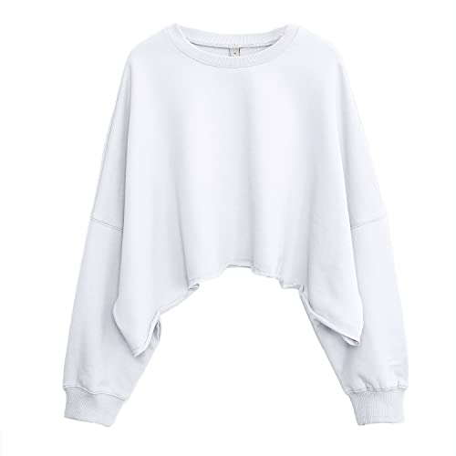 Amazhiyu Damen Cropped Hoodie, Pullover Langarm Crop Tops, Rundhalsausschnitt Oversize Fit für Herbst Frühling, weiß, L/X-Large von Amazhiyu