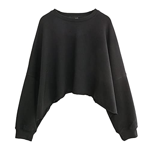 Amazhiyu Damen Cropped Hoodie Pullover Langarm Rundhals Crop Tops Oversize Fit für Herbst, Schwarz , L/X-Large von Amazhiyu