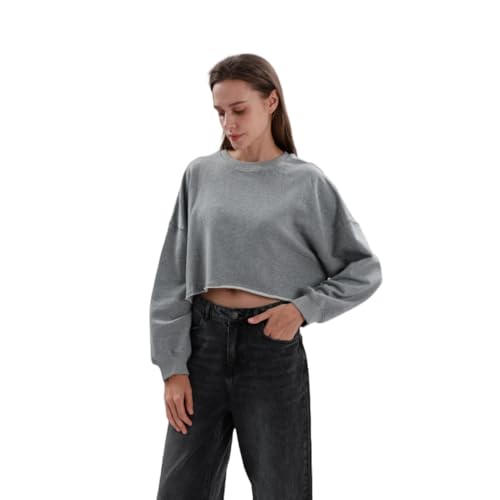 Amazhiyu Cropped-Kapuzenpullover für Damen, langärmelig, bauchfrei, Rundhalsausschnitt, Übergröße, für Herbst und Frühling, grau, XL von Amazhiyu