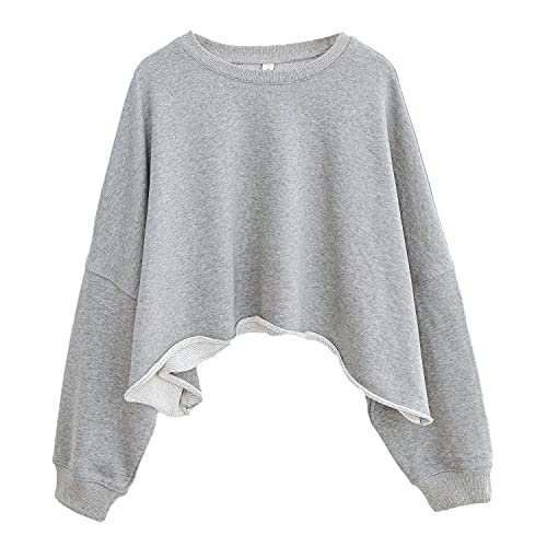 Amazhiyu Damen Cropped Hoodie Pullover Langarm Rundhals Crop Tops Oversize Fit für Herbst, grau, M/L von Amazhiyu