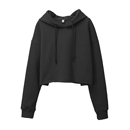 Amazhiyu Damen Cropped Hoodies Langarm Fleece Crop Top Sweatshirt mit Kapuze, Schwarz , M/L von Amazhiyu