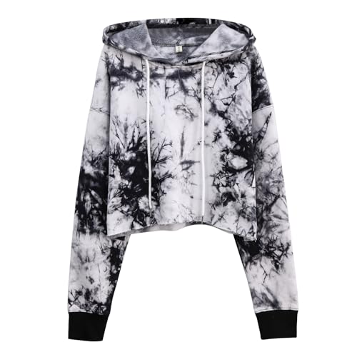 Amazhiyu Damen Cropped Hoodies Langarm Fleece Crop Top Sweatshirt mit Kapuze, Tie Dyed Black, 42 von Amazhiyu