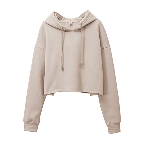 Amazhiyu Damen Cropped Hoodies Langarm Fleece Crop Top Sweatshirt mit Kapuze, aprikose, L/X-Large von Amazhiyu